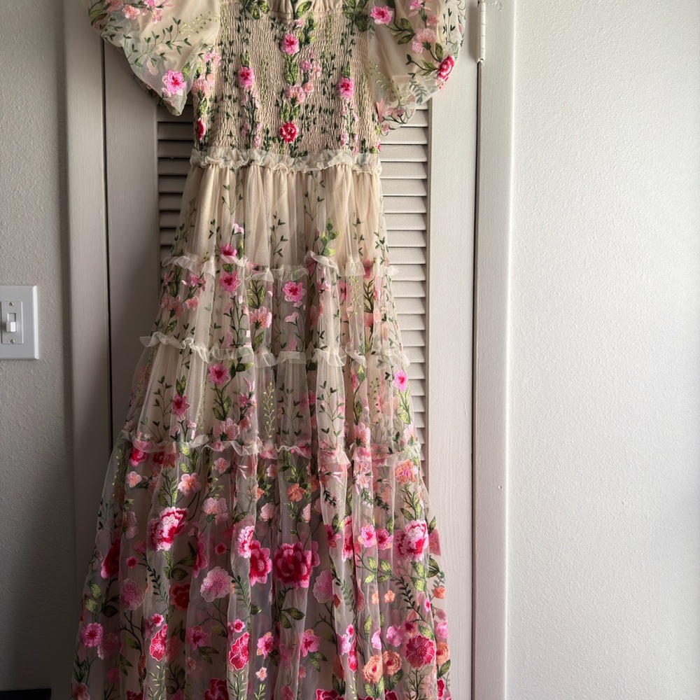 JessaKae Beige Floral Embroidered Maxi Dress with Pink Roses